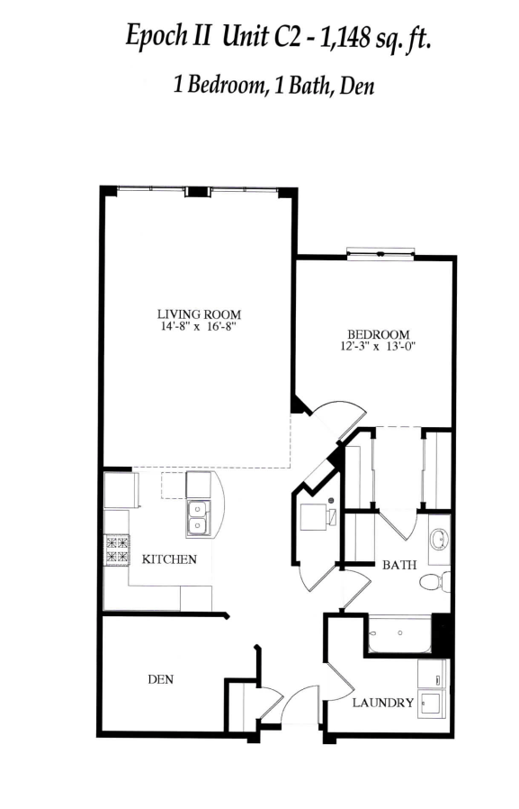 Floor plan for 1 bed, 1 bath, 1148 sqft